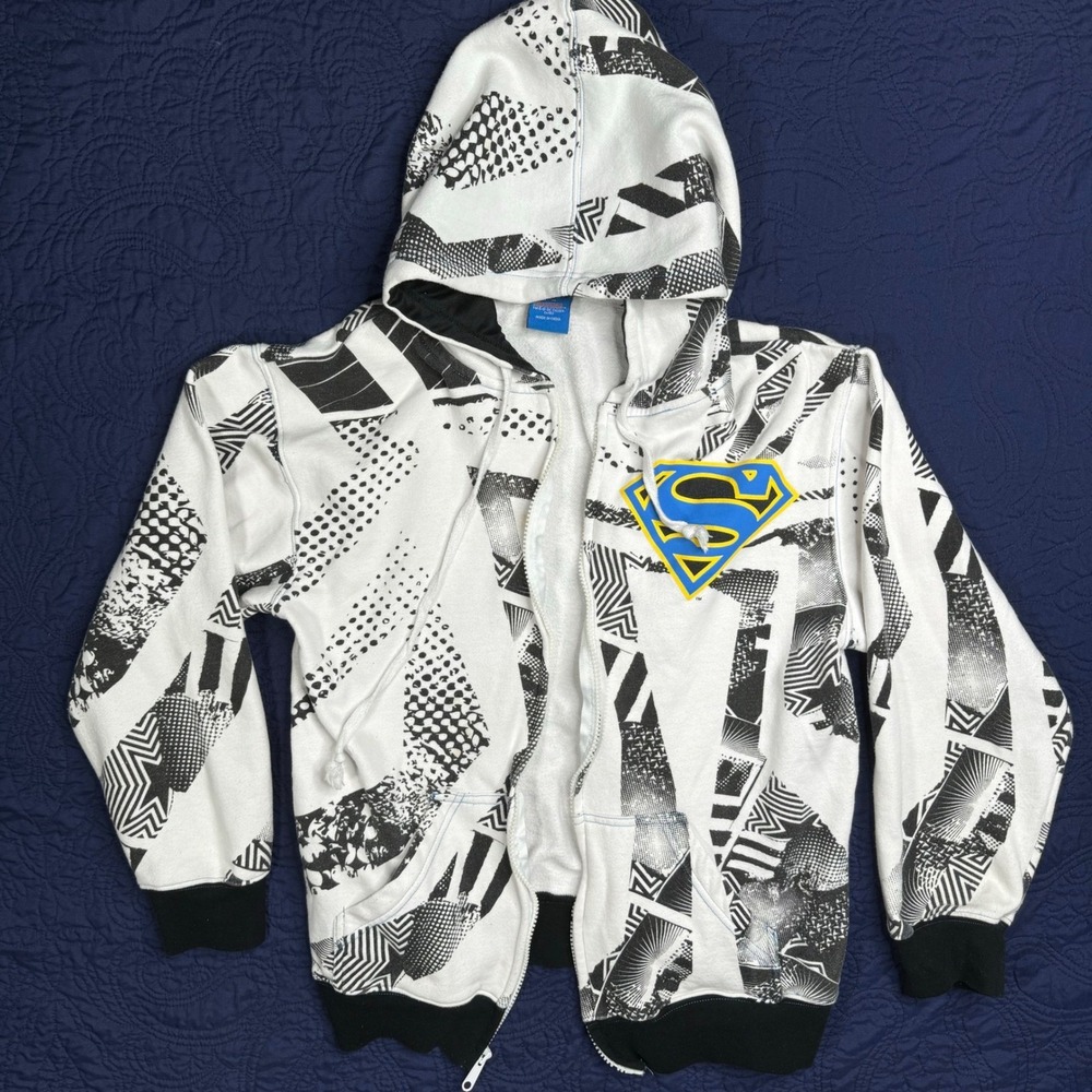 Vintage Superman DC Comics Zip Up Hoodie White Black Abstract Print Mens S READ